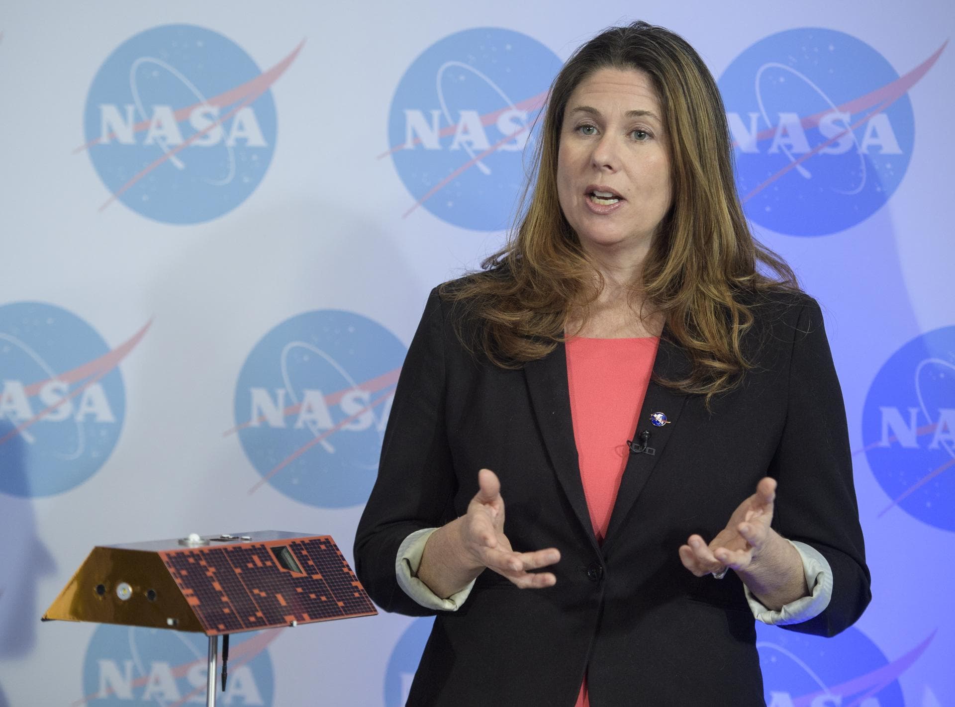 Karen Fox, of NASA's Office of Communications, introduces Michael Watkins, GRACE-FO science lead and director of NASA's Jet Propulsion Laboratory and Frank Webb, GRACE-FO project scientist at JPL, dur