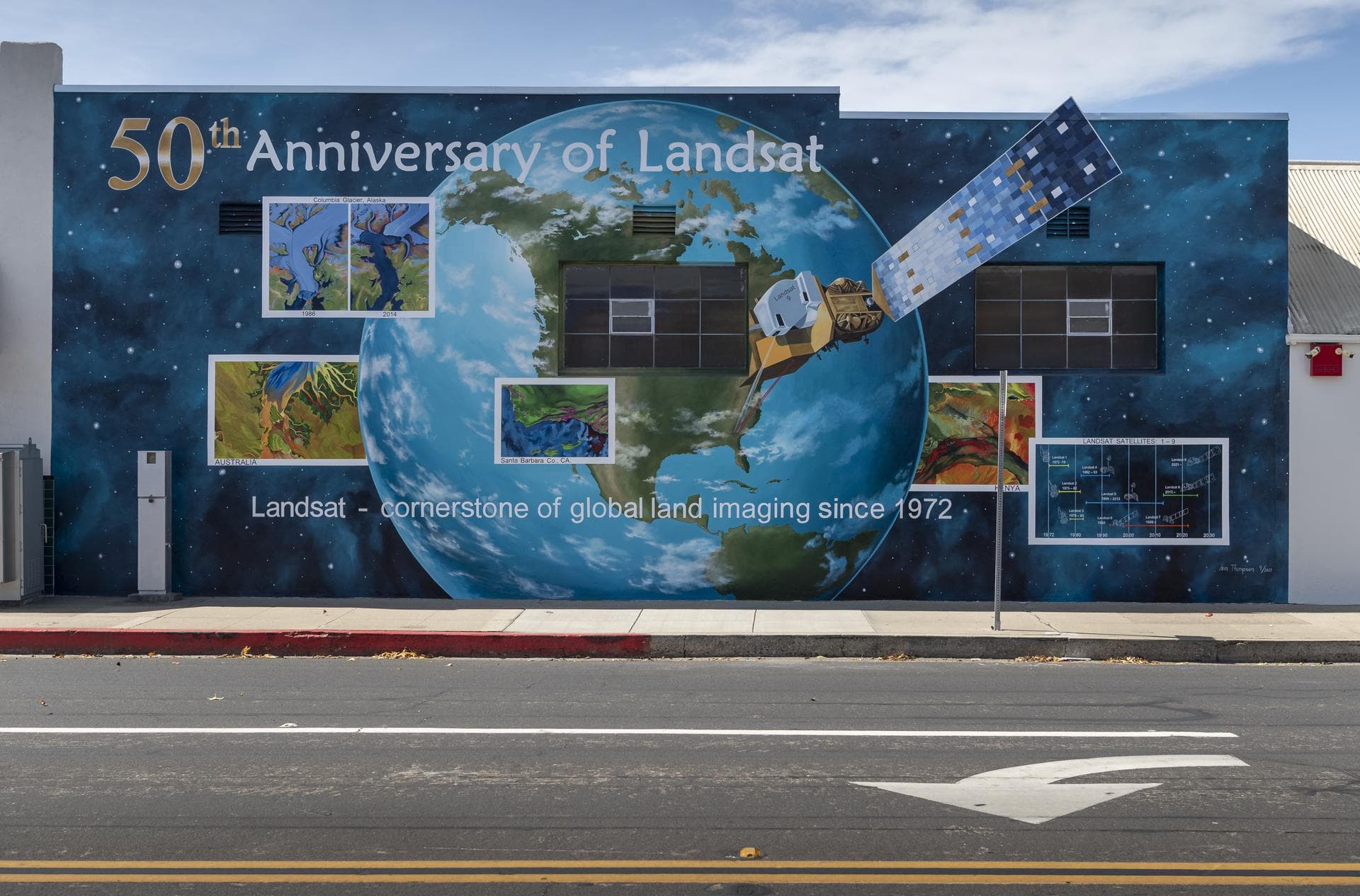 A mural celebrating the 50 years of the Landsat mission is seen, Tuesday, Sept. 28, 2021, in Lompoc, California. On Monday, Sept. 27, 2021, the Landsat 9 satellite, a joint NASA/U.S. Geological Survey