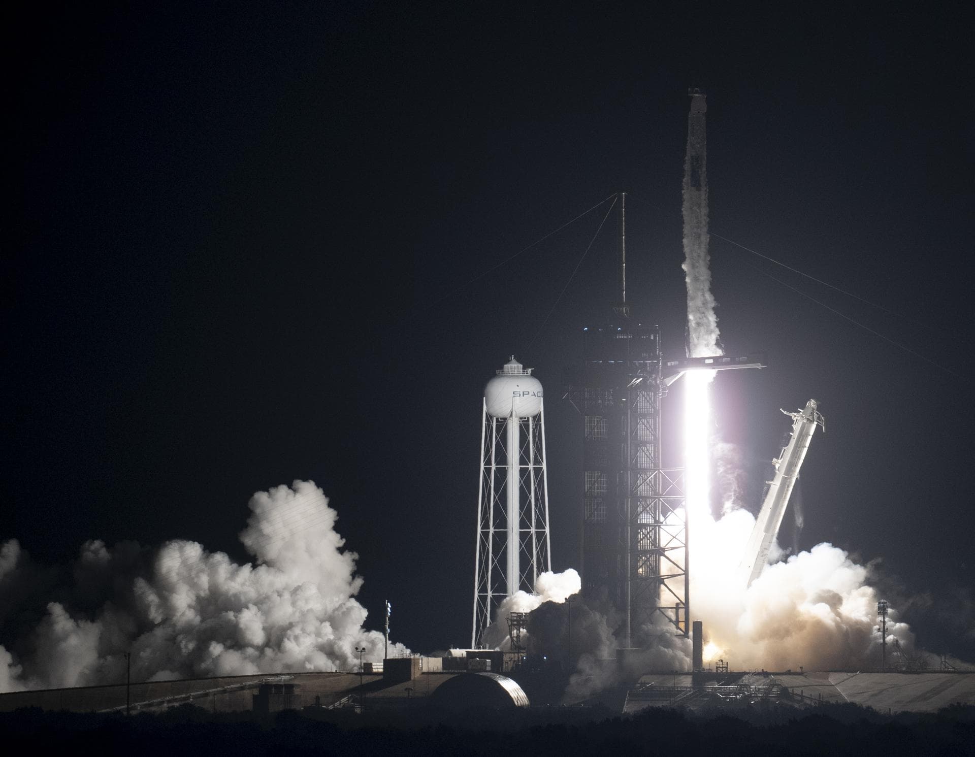 A SpaceX Falcon 9 rocket carrying the company's Crew Dragon spacecraft is launched on NASA’s SpaceX Crew-3 mission to the International Space Station with NASA astronauts Raja Chari, Tom Marshburn, Ka