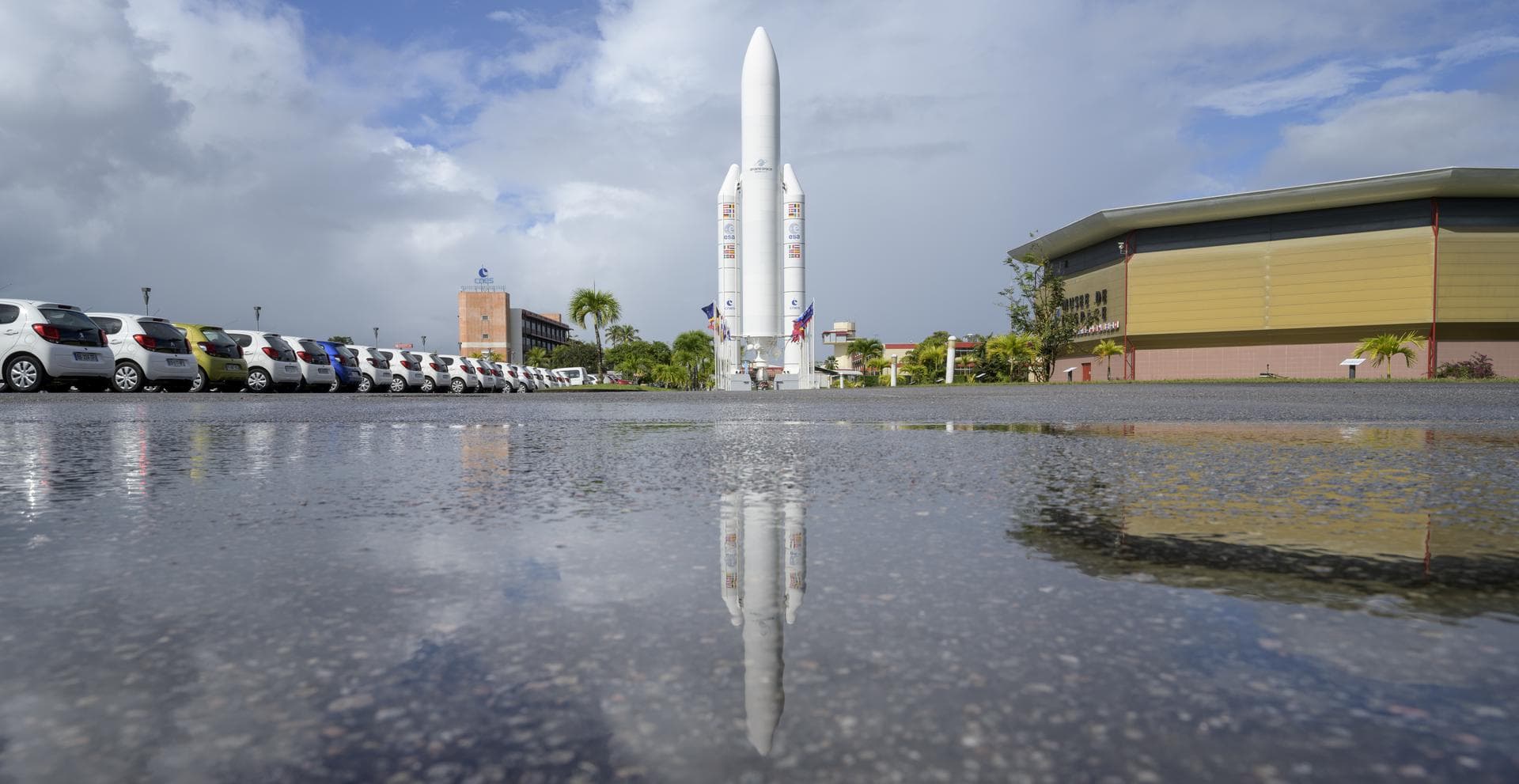 A mockup of Arianespace's Ariane 5 rocket is seen at the entrance to the Guiana Space Center in Kourou, French Guiana, Tuesday, Dec. 21, 2021. The James Webb Space Telescope (sometimes called JWST or