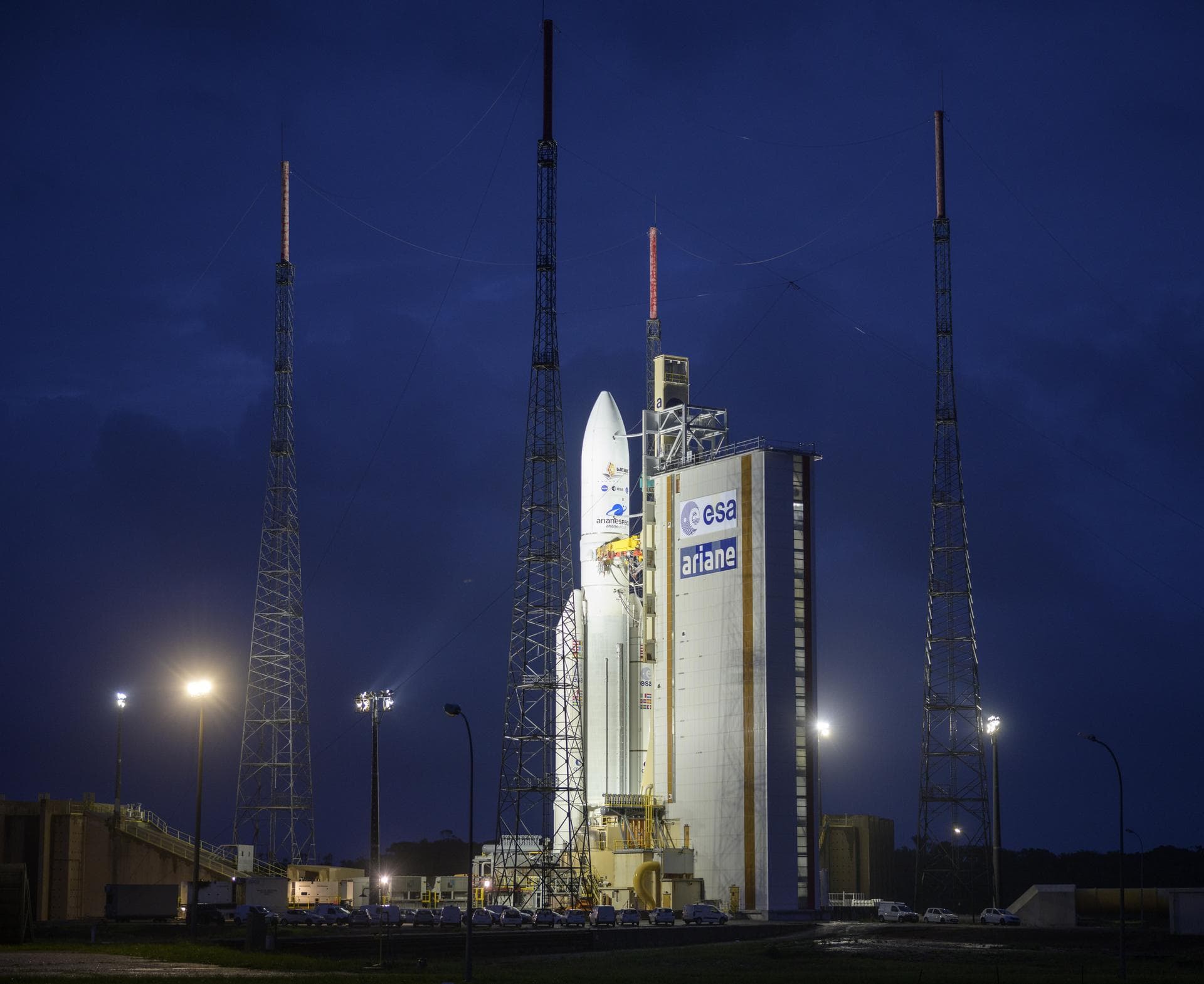 Arianespace's Ariane 5 rocket with NASA’s James Webb Space Telescope onboard, is seen at the launch pad, Thursday, Dec. 23, 2021, at Europe’s Spaceport, the Guiana Space Center in Kourou, French Guian