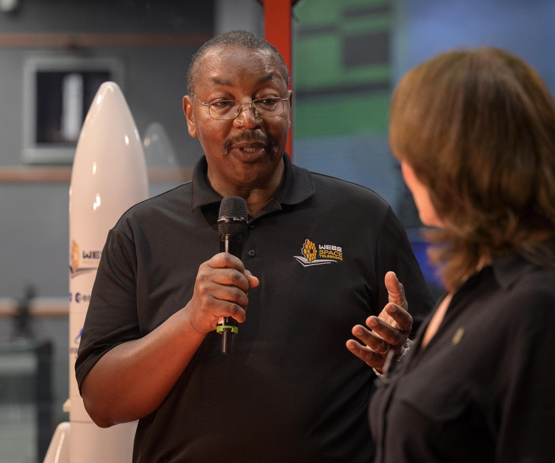 NASA Program Director for the James Webb Space Telescope Program Greg Robinson gives a brief interview on NASA television as he and the launch team monitor the countdown of the launch of Arianespace's