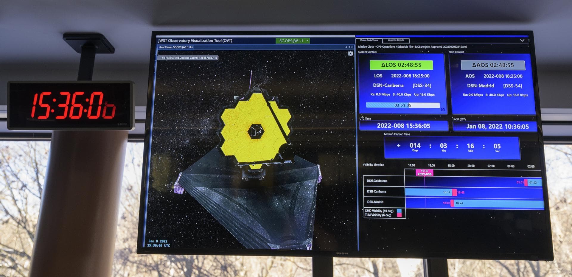 A monitor in the NASA James Webb Space Telescope flight control room of the Space Telescope Science Institute shows the progress of the second primary mirror wing latching on the Webb observatory, Sat