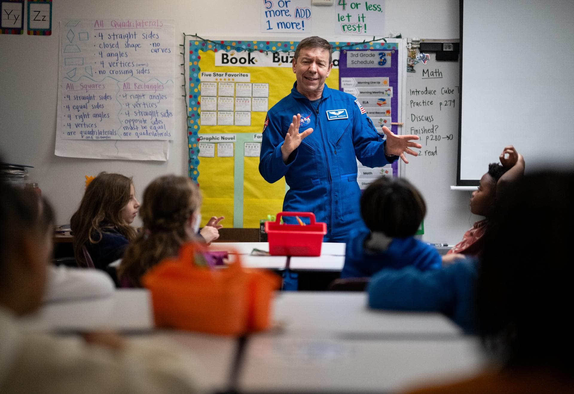 Expedition 71 NASA astronaut Michael Barratt speaks to students, Wednesday, March 5, 2025, at Elsie Whitlow Stokes Community Freedom Public Charter School in Washington. Barratt and fellow crewmates M
