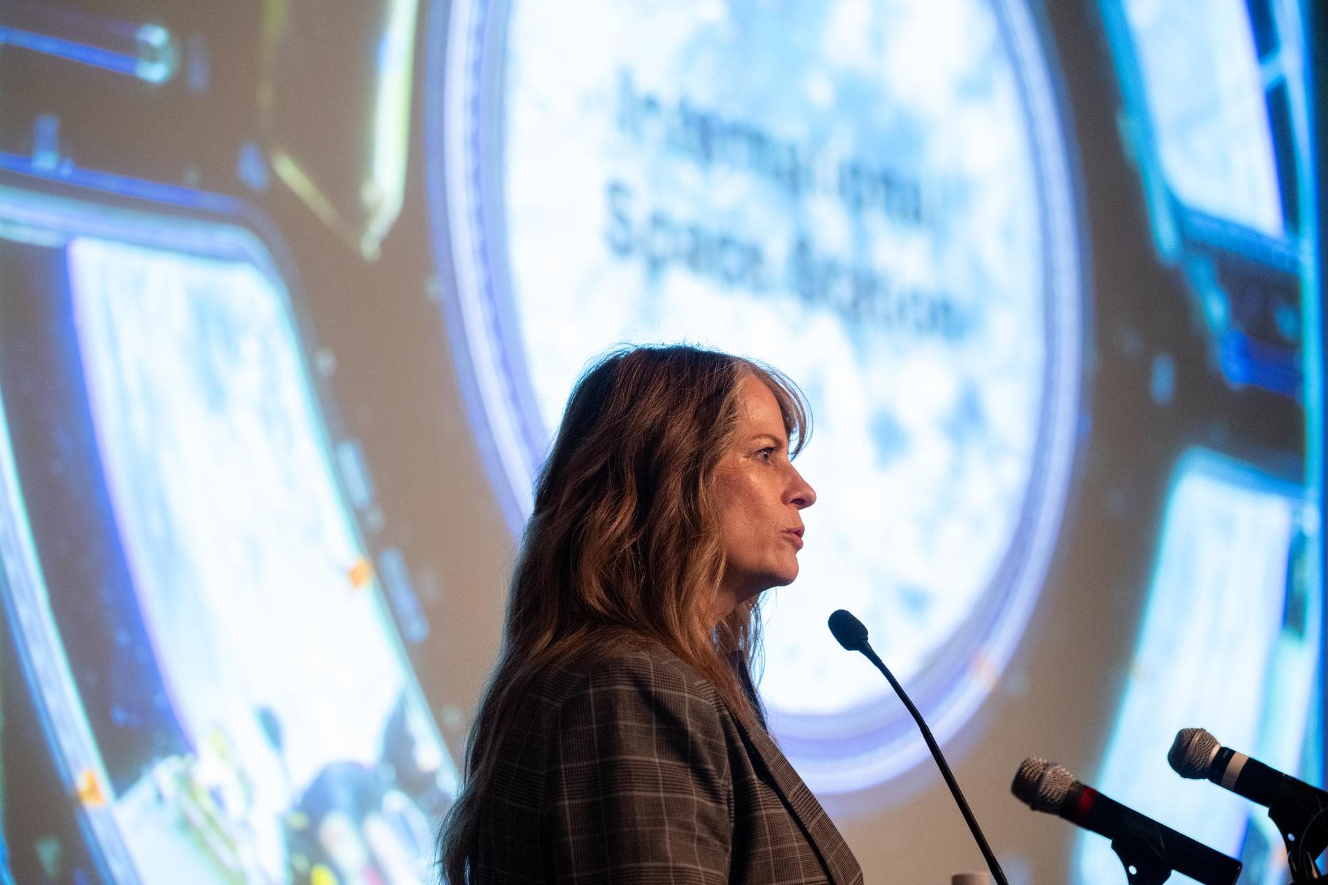 Dr. Lisa Carnell, director of NASA’s Biological and Physical Sciences Division, is seen during a Frontiers Forum talk titled “Revolutionizing Medicine – In Space,” Wednesday, Sept. 16, 2026, at the Ma