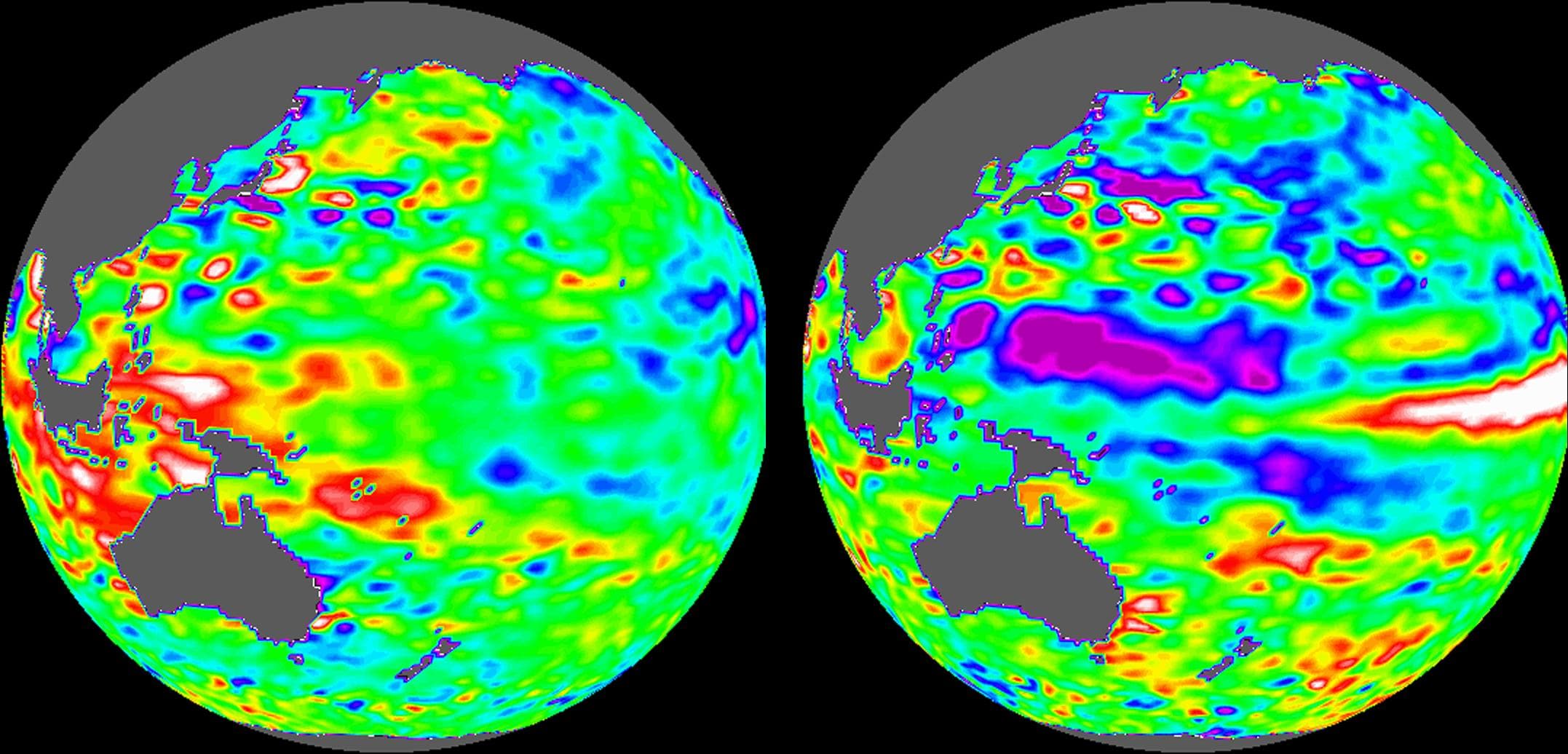 These images of the Pacific Ocean near Indonesia were produced using sea surface height measurements taken by NASA U.S.-French TOPEX/Poseidon satellite.