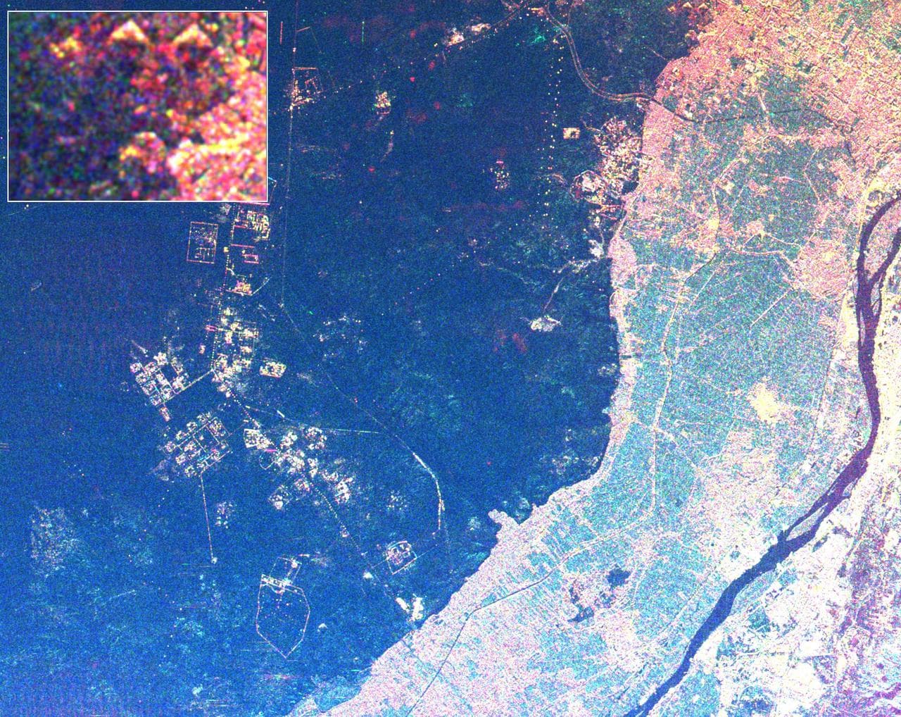 This radar image shows the area west of the Nile River near Cairo, Egypt. The Nile River is the dark band along the right side of the image and it flows approximately due North from the bottom to the