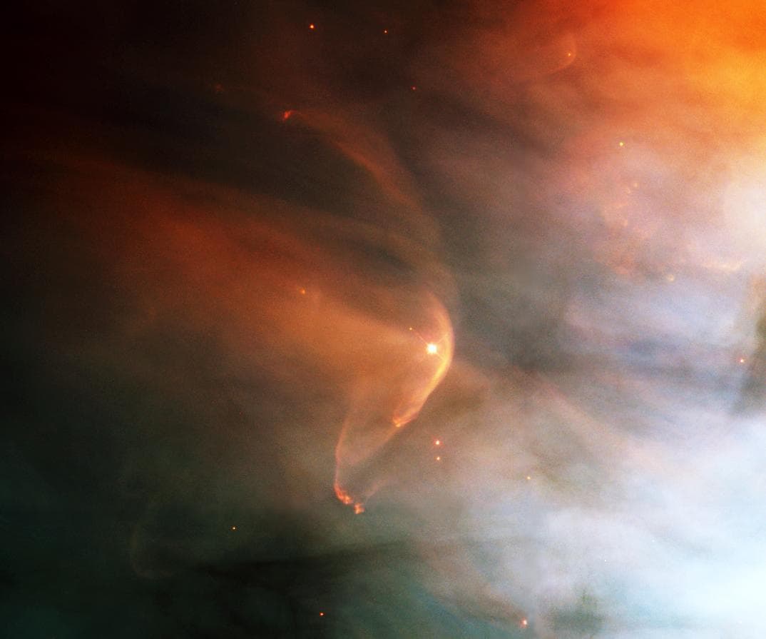 Astronomers using NASA Hubble Space Telescope have found a bow shock around a very young star in the nearby Orion nebula, an intense star-forming region of gas and dust.