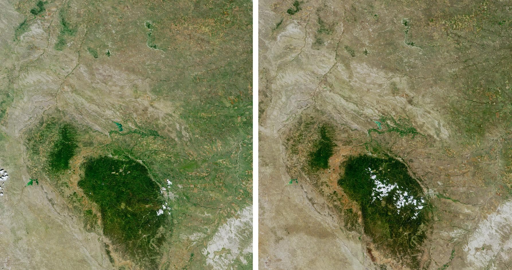 Despite good rainfall and record-setting snowstorms in the spring of 2005, most of northeastern Wyoming, the Black Hills, and western South Dakota remained in the midst of a severe drought. These imag