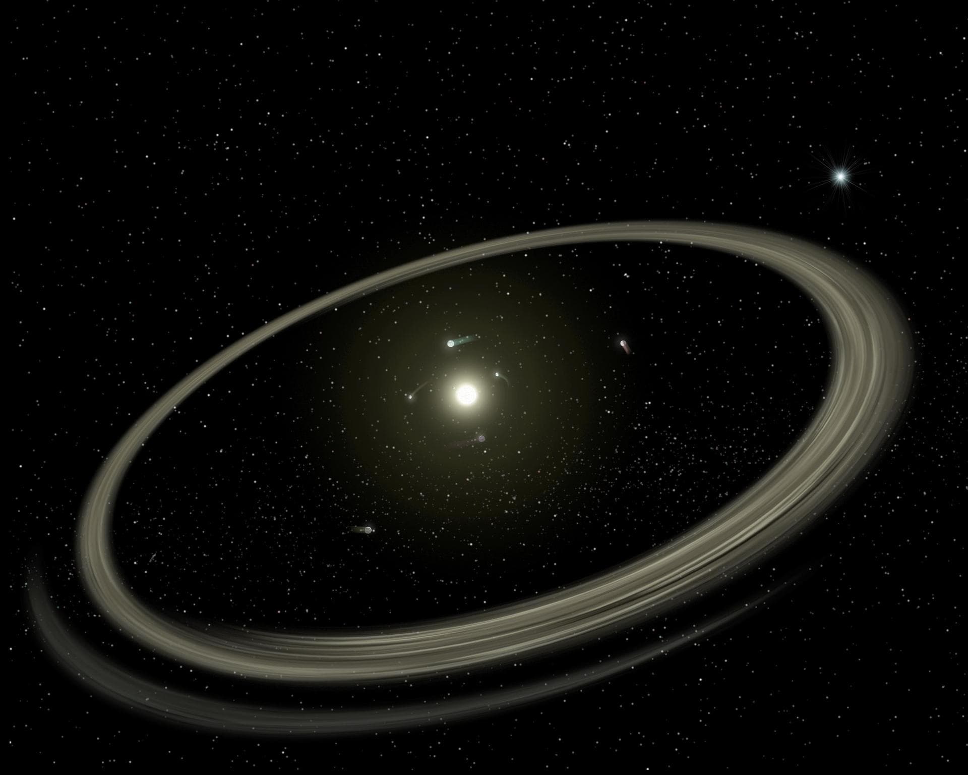 This artist concept illustrates how planetary systems arise out of massive collisions between rocky bodies. NASA Spitzer Space Telescope show that these catastrophes continue to occur around stars eve