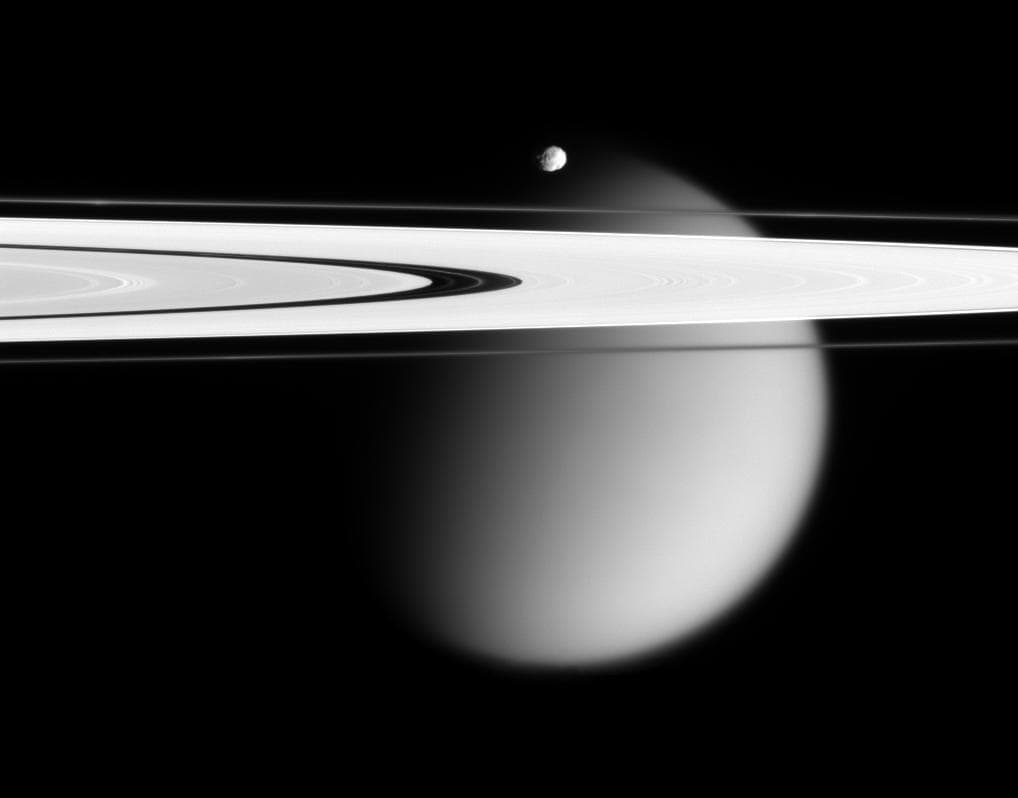 The Cassini spacecraft delivers this stunning vista showing small, battered Epimetheus and smog-enshrouded Titan, with Saturn A and F rings stretching across the scene