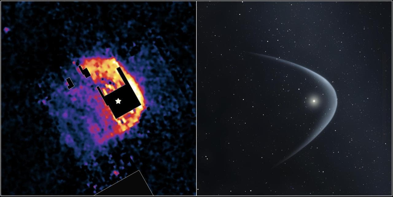 This image from NASA Spitzer Space Telescope left panel shows the bow shock of a dying star named R Hydrae, or R Hya, in the constellation Hydra.