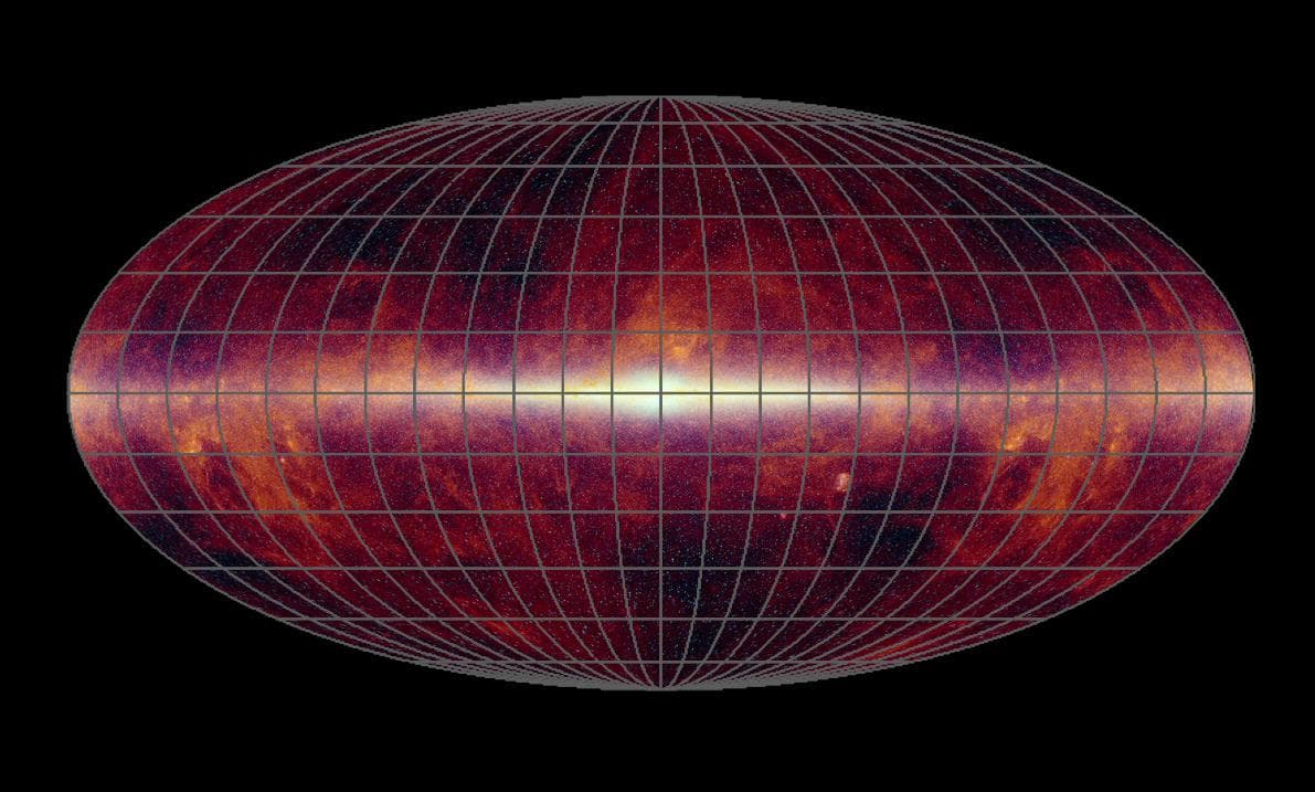 This image is an all-sky infrared map consisting of data taken by previous missions: the Infrared Astronomical Satellite; NASA Cosmic Background Explorer; and the Two-Micron All-Sky Survey.