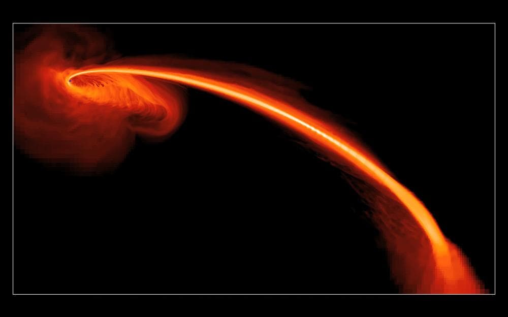 This computer-simulated image shows gas from a tidally shredded star falling into a black hole. Astronomers observed the flare in ultraviolet light using NASA Galaxy Evolution Explorer.