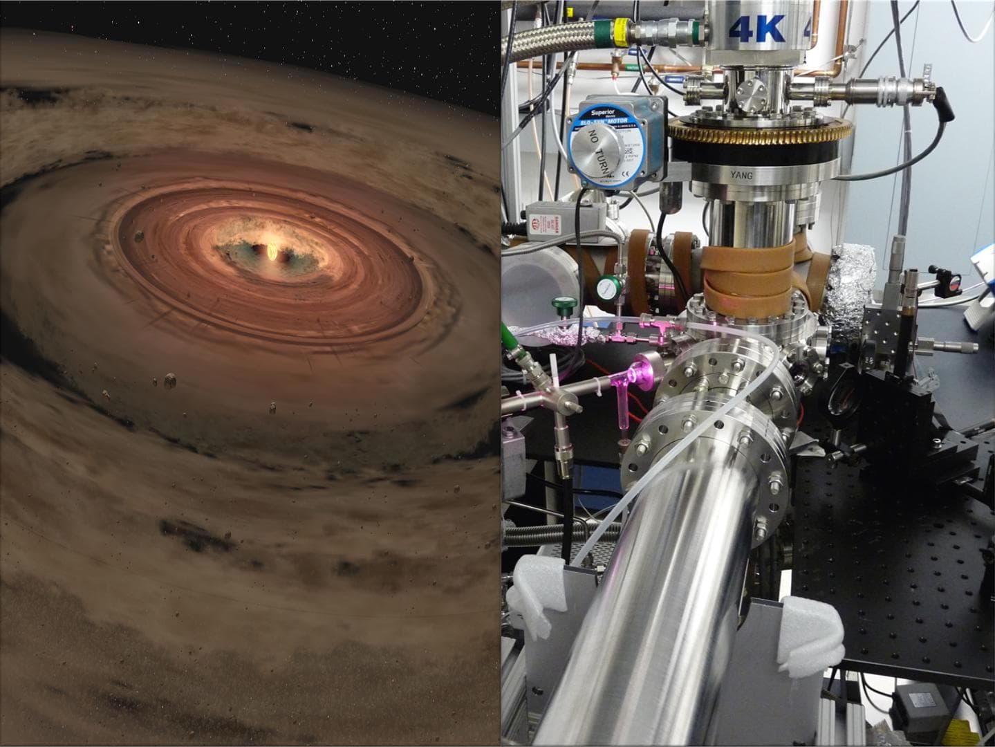 Researchers are brewing up icy, organic concoctions in the lab to mimic materials at the edge of our solar system and beyond. The lab is shown at right, and a very young solar system, with its swirlin