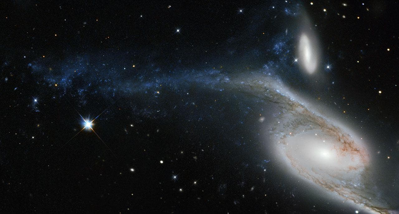 This picture, taken by the NASA/ESA Hubble Space Telescope WFPC2, shows a galaxy known as NGC 6872 in the constellation of Pavo The Peacock. Its unusual shape is caused by its interactions with the sm