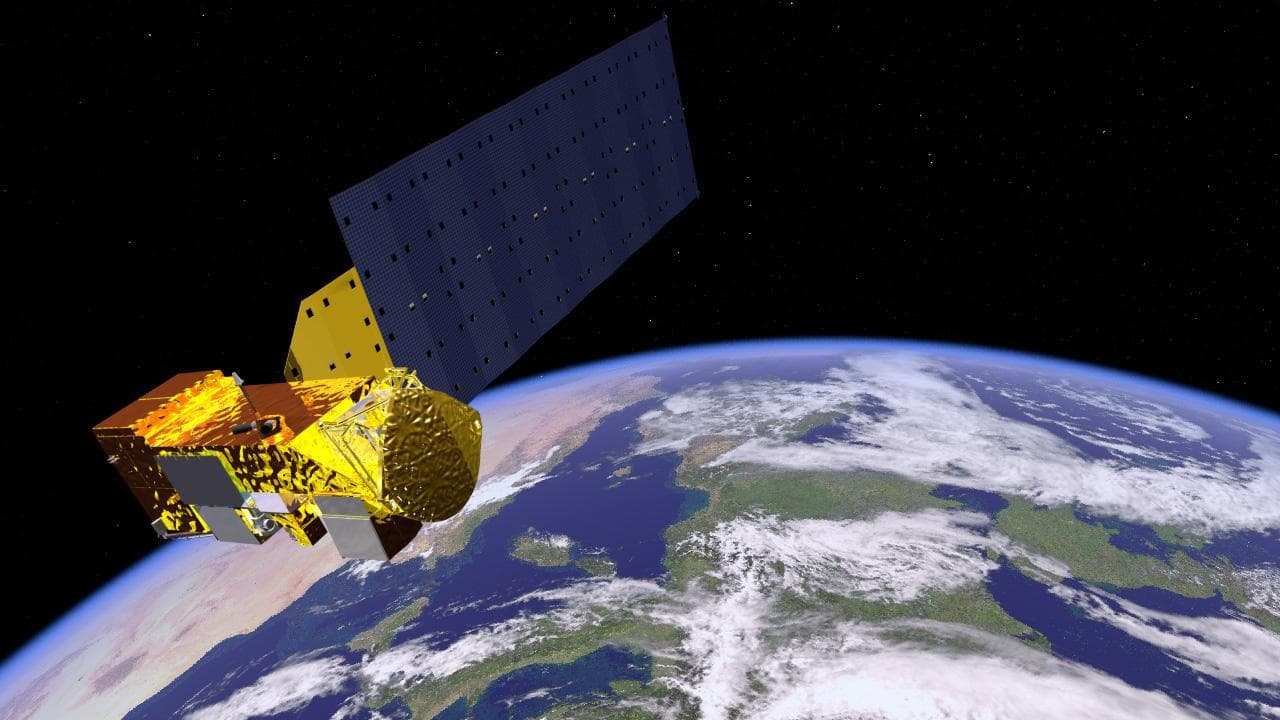 NASA Aqua satellite carries six state-of-the-art instruments in a near-polar low-Earth orbit. Aqua is seen in this artist concept orbiting Earth. The six instruments are the Atmospheric Infrared Sound