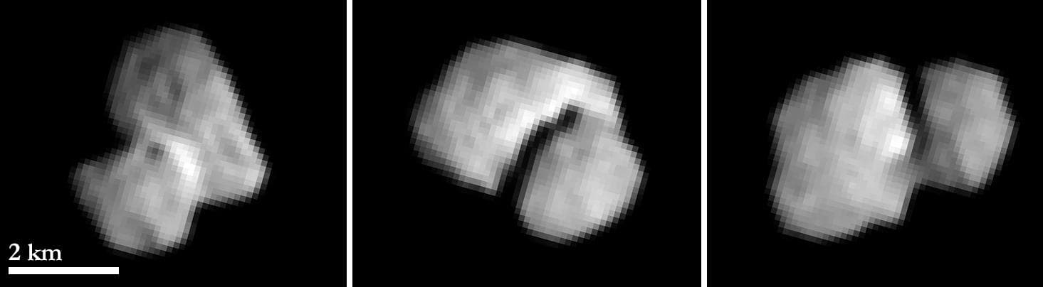 Comet 67P/Churyumov-Gerasimenko was imaged by ESA Rosetta spacecraft on July 20, 2014, from a distance of approximately 3,400 miles 5,500 kilometers. These three images were taken two hours apart.