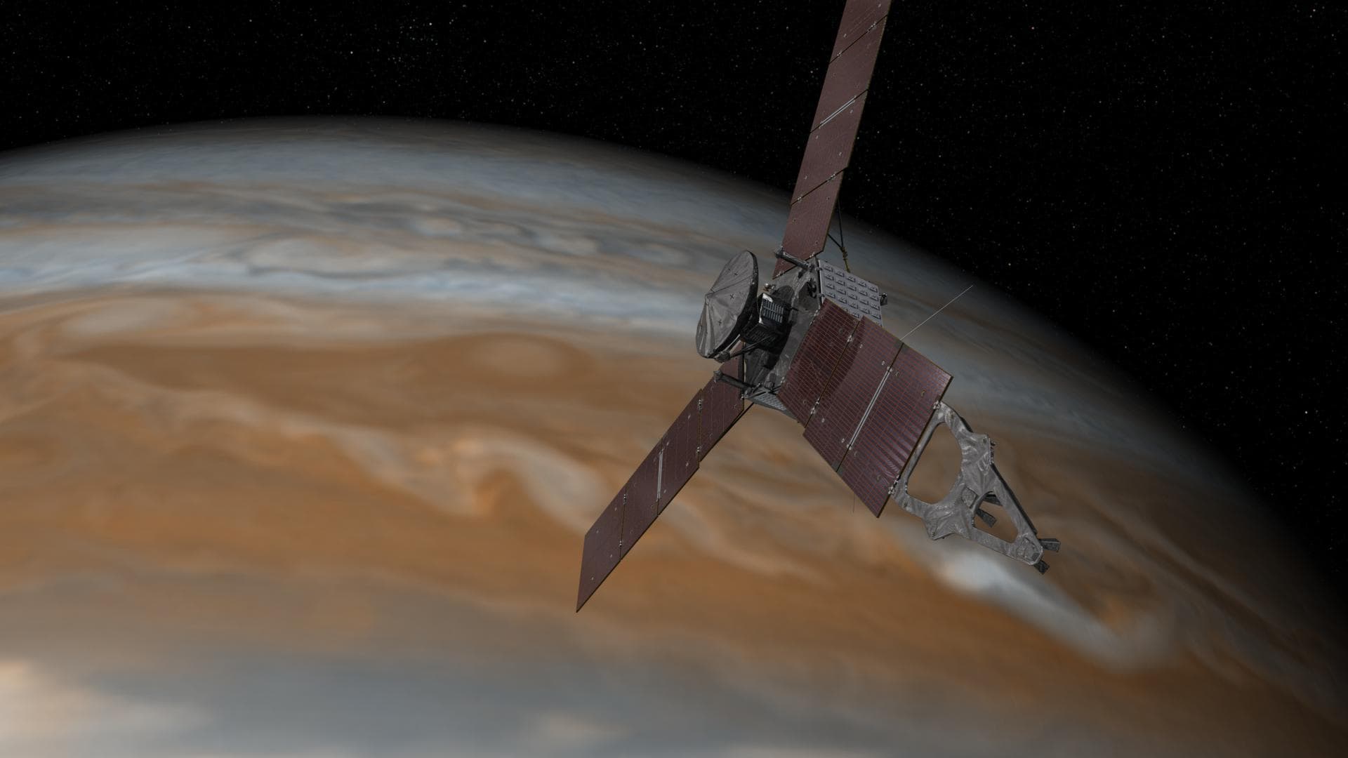 This artist's rendering shows NASA's Juno spacecraft making one of its close passes over Jupiter. Launched in 2011, the Juno spacecraft will arrive at Jupiter in 2016 to study the giant planet from a