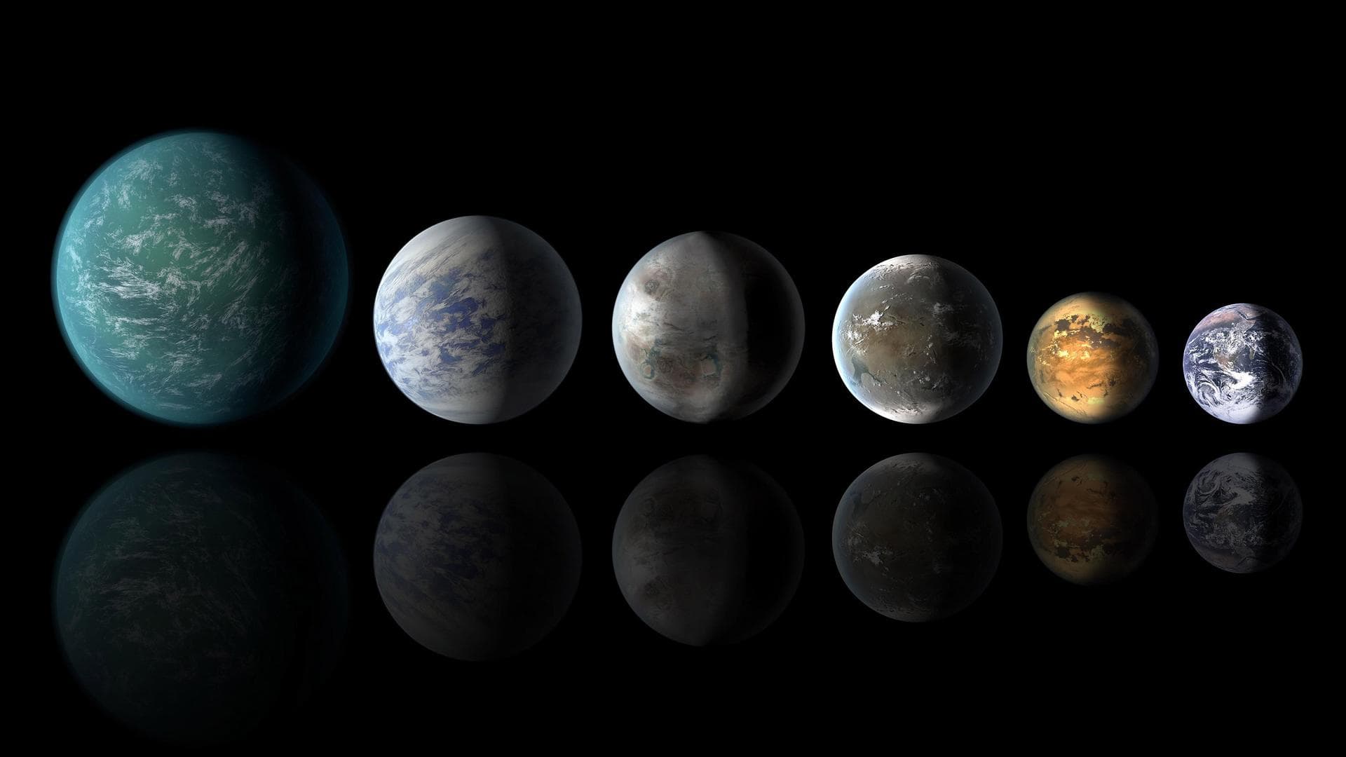 A newly discovered exoplanet, Kepler-452b, comes the closest of any found so far to matching our Earth-sun system. This artist's conception of a planetary lineup shows habitable-zone planets with simi