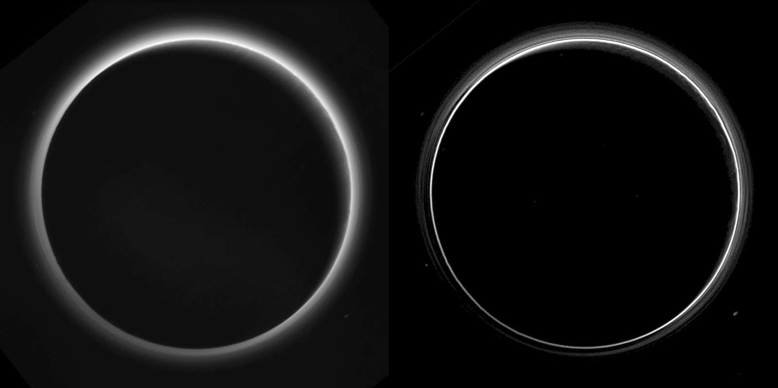 Two different versions of an image of Pluto's haze layers, taken by New Horizons as it looked back at Pluto's dark side nearly 16 hours after close approach, from a distance of 480,000 miles (770,000
