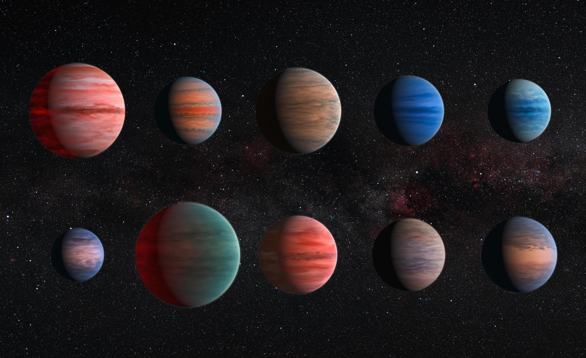 This image shows an artist's impression of the 10 hot Jupiter exoplanets studied using the Hubble and Spitzer space telescopes. From top left to lower left, these planets are WASP-12b, WASP-6b, WASP-3