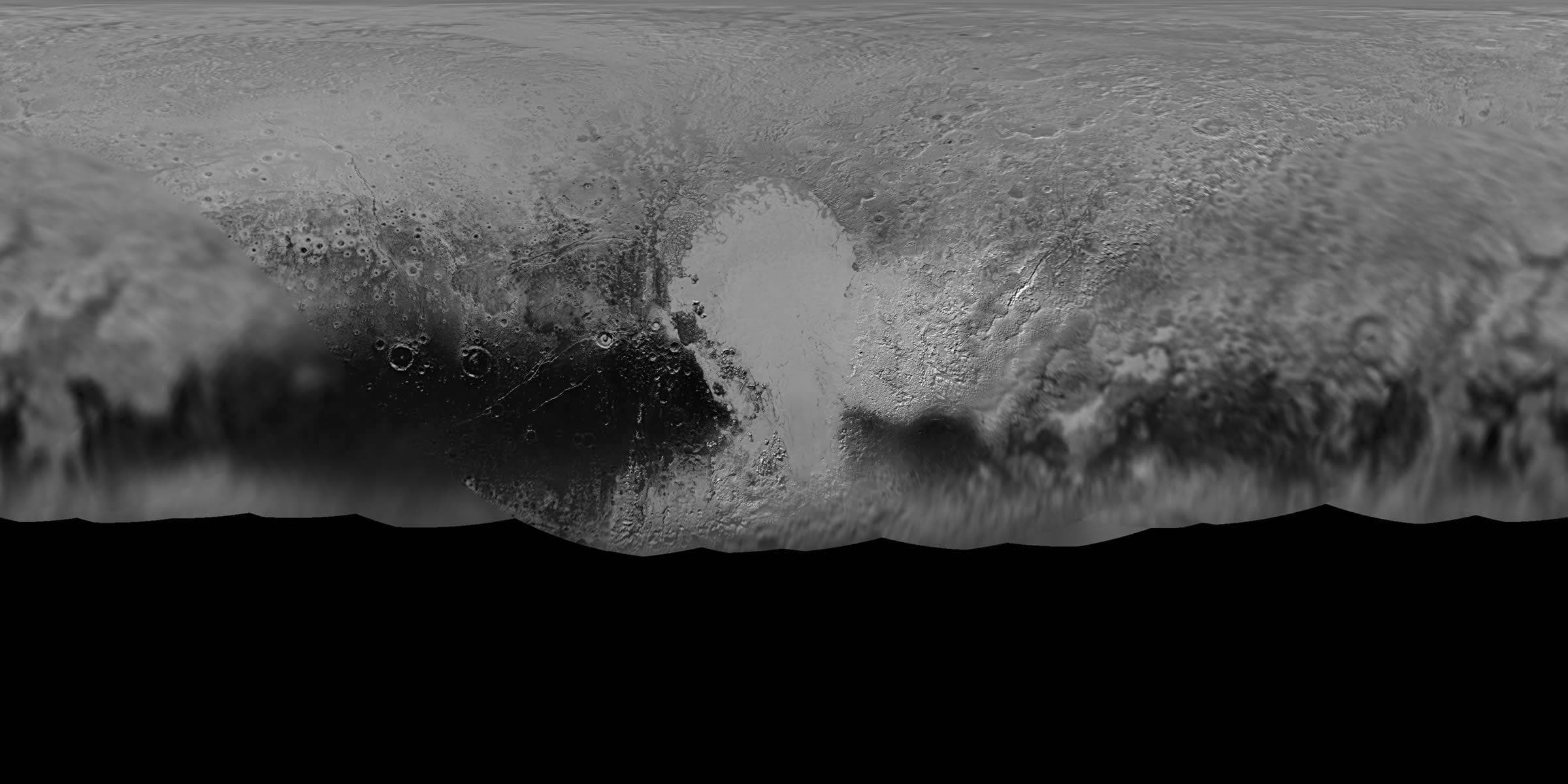 NASA New Horizons mission science team has produced this updated panchromatic black-and-white global map of Pluto. The map includes all resolved images of Pluto surface acquired between July 7-14, 201