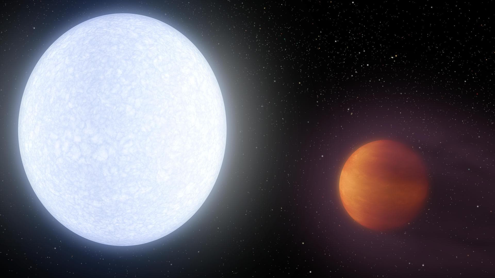 This artist's concept shows planet KELT-9b orbiting its host star, KELT-9. It is the hottest gas giant planet discovered so far. With a dayside temperature of more than 7,800 degrees Fahrenheit (4,60
