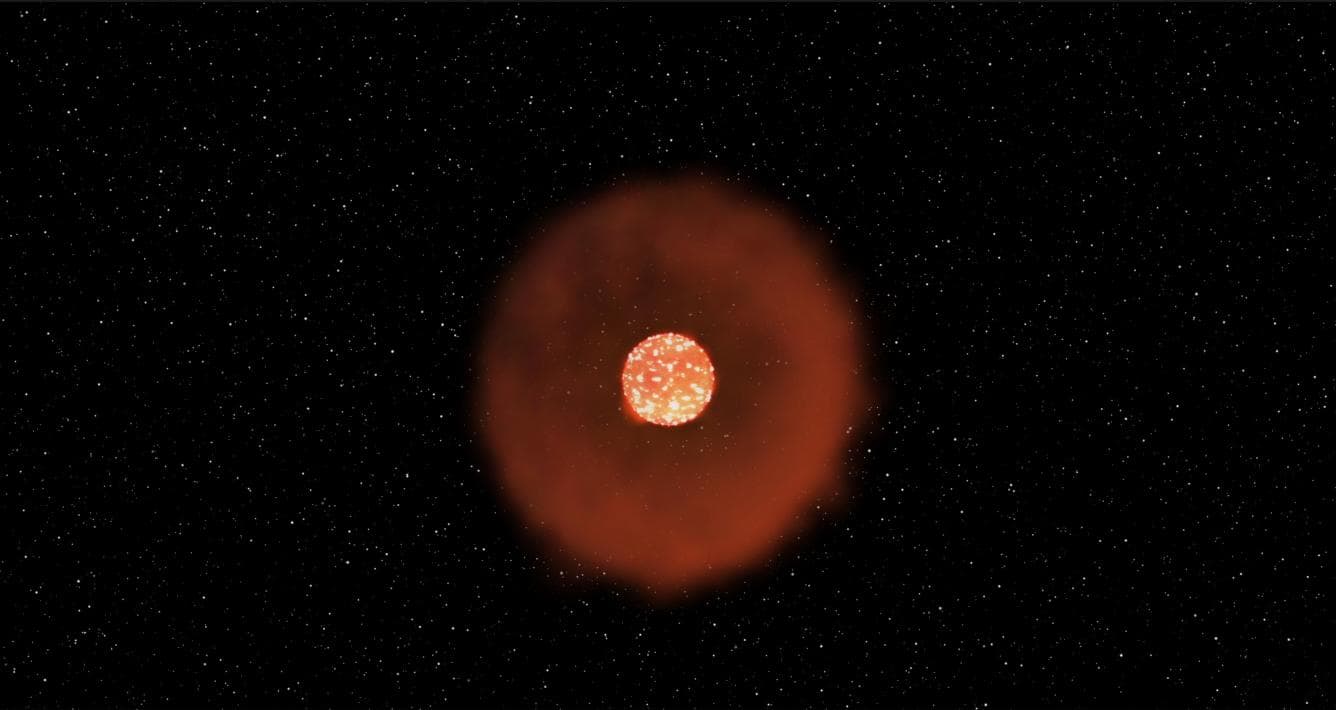 This frame from an animation shows a kind of stellar explosion called a Fast-Evolving Luminous Transient. In this case, a giant star "burps" out a shell of gas and dust about a year before exploding.