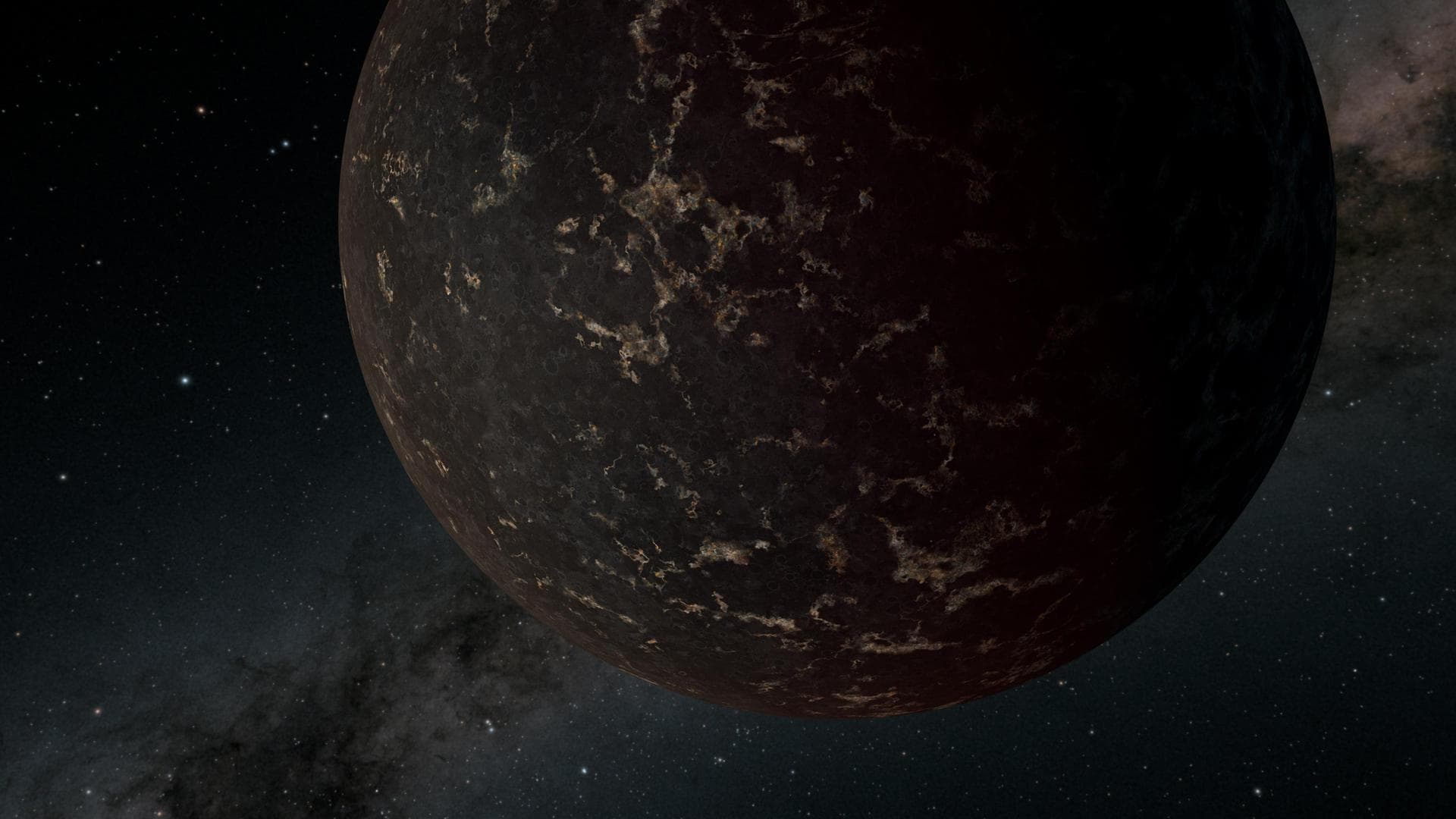 This artist's illustration depicts the exoplanet LHS 3844b, which is 1.3 times the mass of Earth and orbits an M dwarf star. The planet has no apparent atmosphere, and its surface may be covered mostl