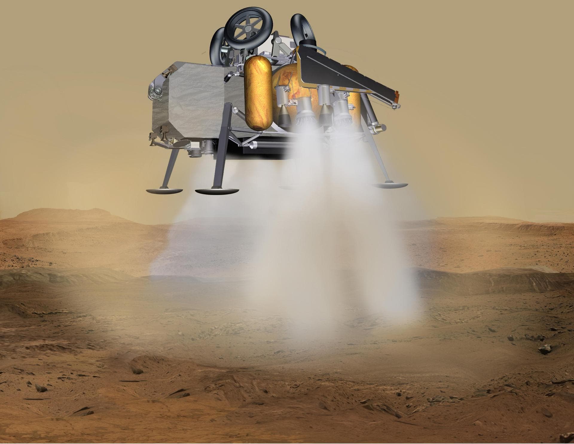 In this illustration of a Mars sample return mission concept, a lander carrying a fetch rover touches down on the surface of Mars. NASA and the European Space Agency (ESA) are solidifying concept
