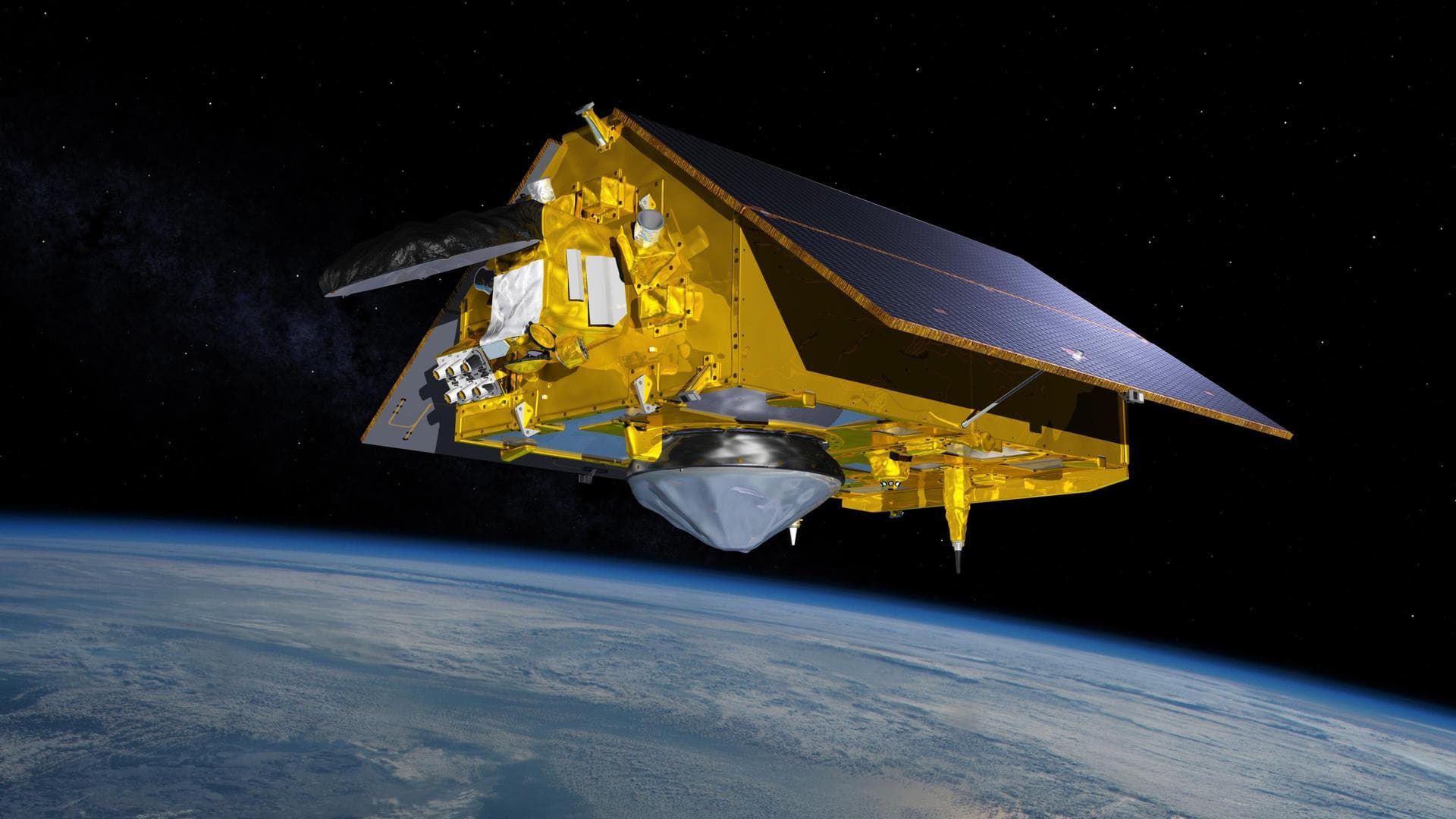 This illustration shows the Sentinel-6 Michael Freilich spacecraft in orbit above Earth with its deployable solar panels extended. As the world's latest ocean-monitoring satellite, it will collect the