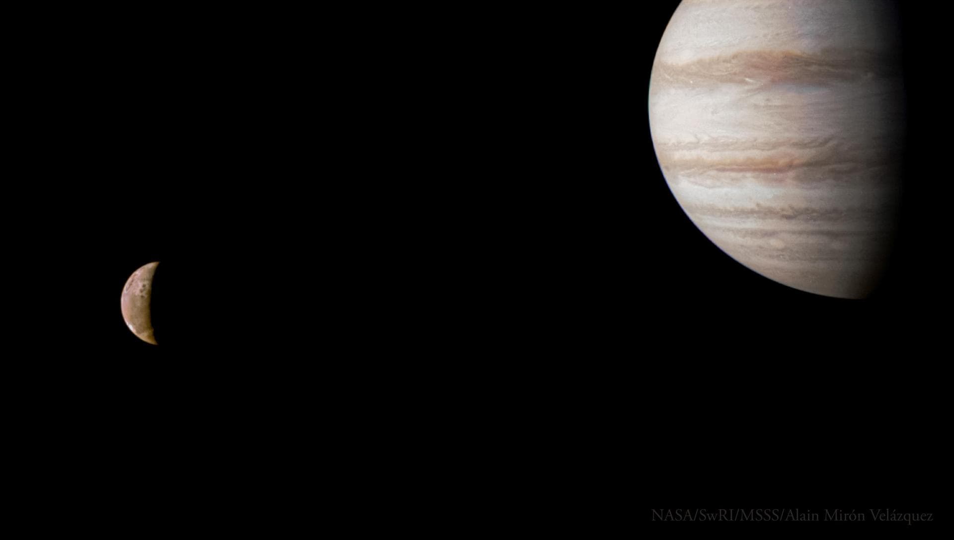 Just hours before NASA's Juno mission completed its 53rd close flyby of Jupiter on July 31, 2023, the spacecraft sped past the planet's volcanic moon Io and captured this dramatic view of both bodies