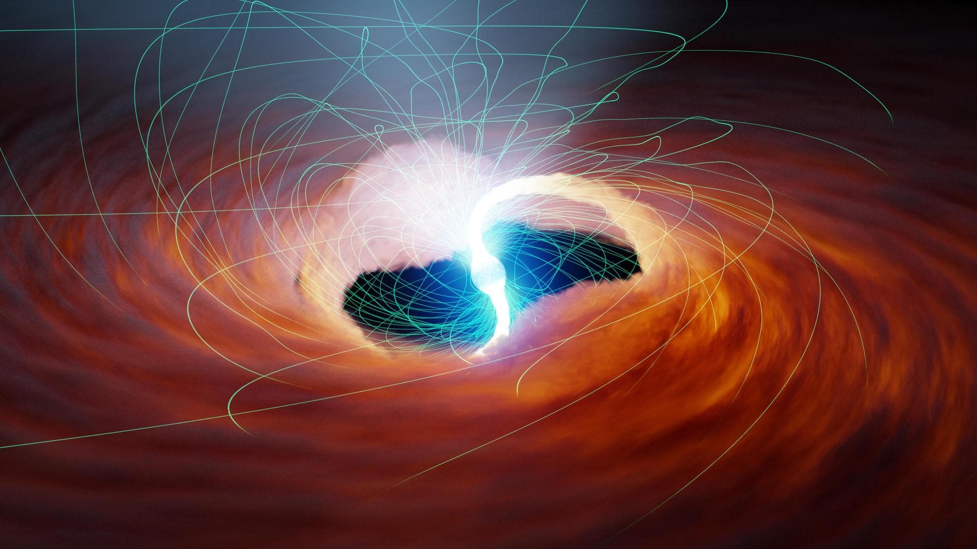 Two rivers of hot gas are siphoned onto the surface of a neutron star (the collapsed remains of a dead star) in this illustration. Neutron stars pack roughly the mass of our Sun into an area about 10