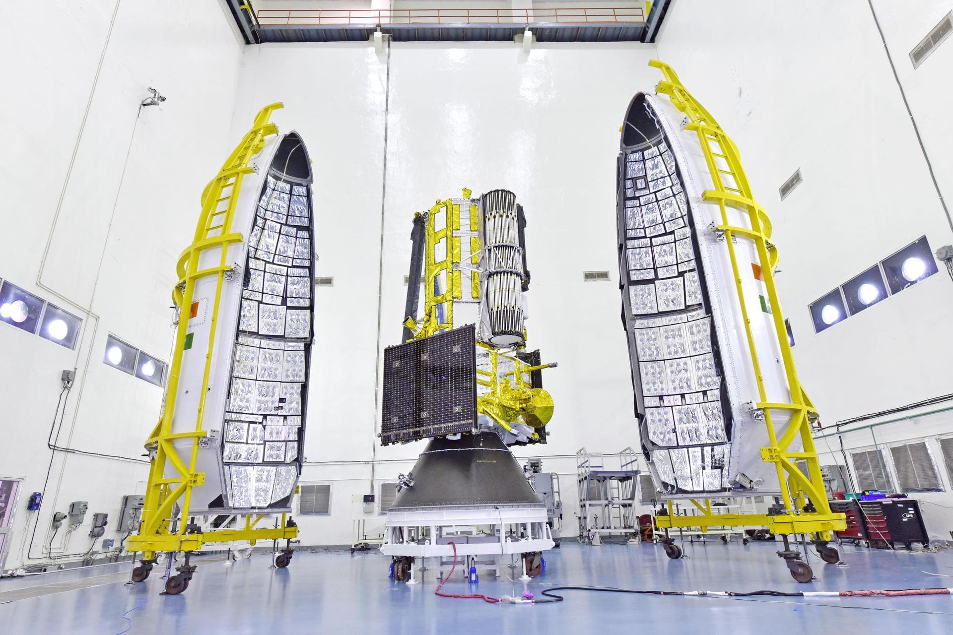 The NISAR (NASA-ISRO Synthetic Aperture Radar) satellite was encapsulated in its payload fairing at ISRO's Satish Dhawan Space Centre on July 18 in preparation for launch on the Geosynchronous Launch