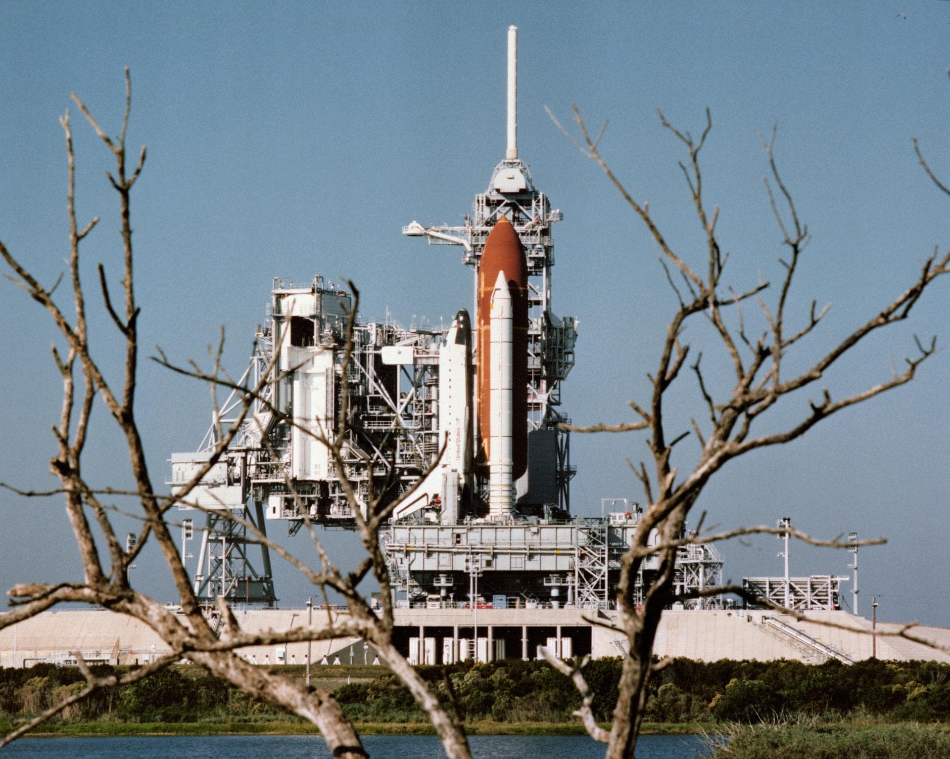 S88-52659 (2 Nov 1988) --- The Space Shuttle Atlantis on Launch Pad 39B at KSC following the roll-out process from the vehicle assembly building. It will undergo final checkouts and evaluations prio
