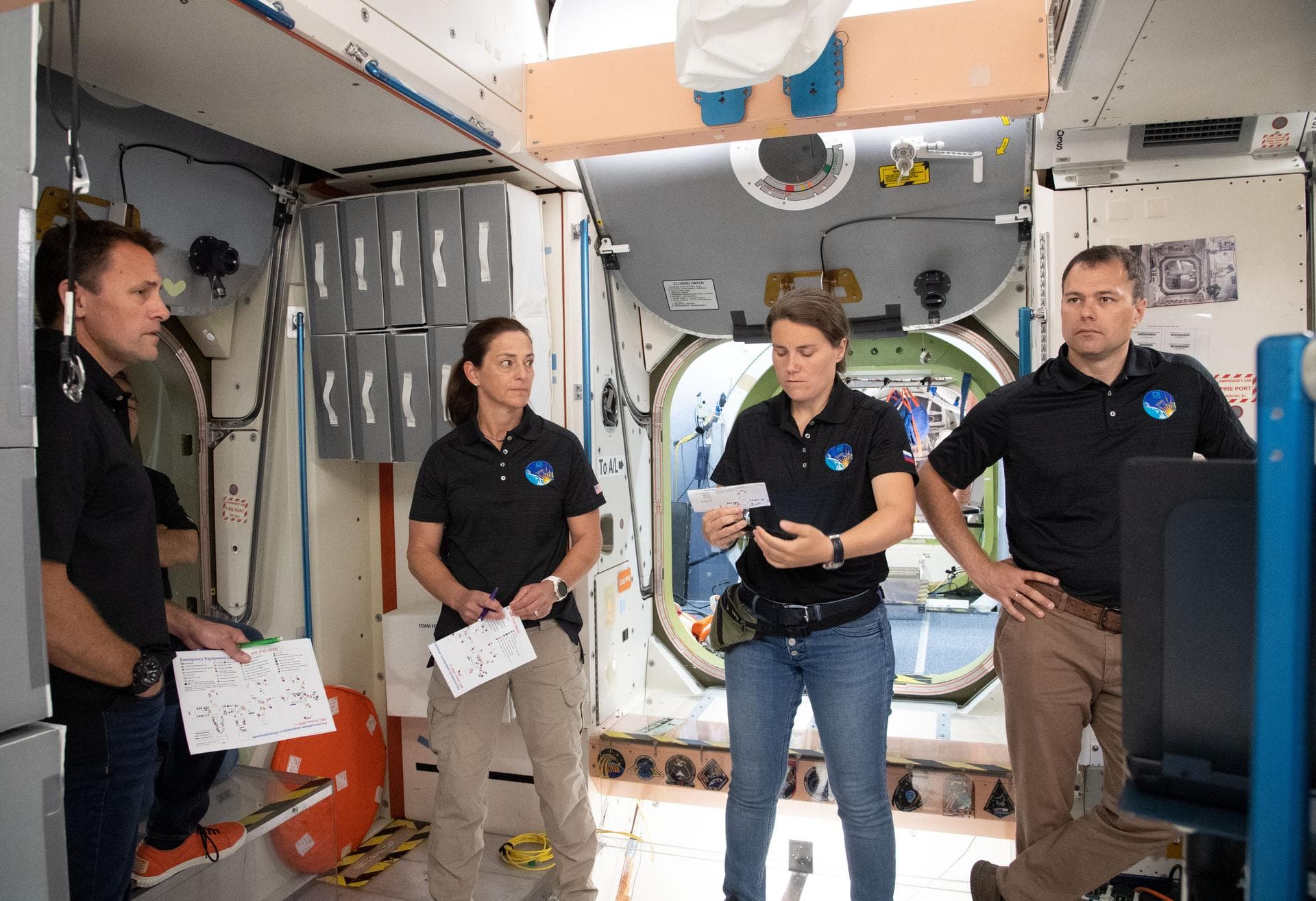 Expedition 68 trains for their upcoming International Space Station mission inside a mockup that models the real orbiting lab at NASA's Johnson Space Center in Houston, Texas. Credit: NASA/James Blair