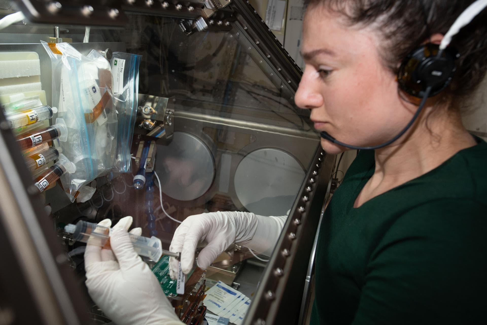 iss062e115355 (March 26, 2020) --- NASA astronaut and Expedition 62 Flight Engineer Jessica Meir conducts cardiac research inside the Life Sciences Glovebox, a biology research facility located in Jap