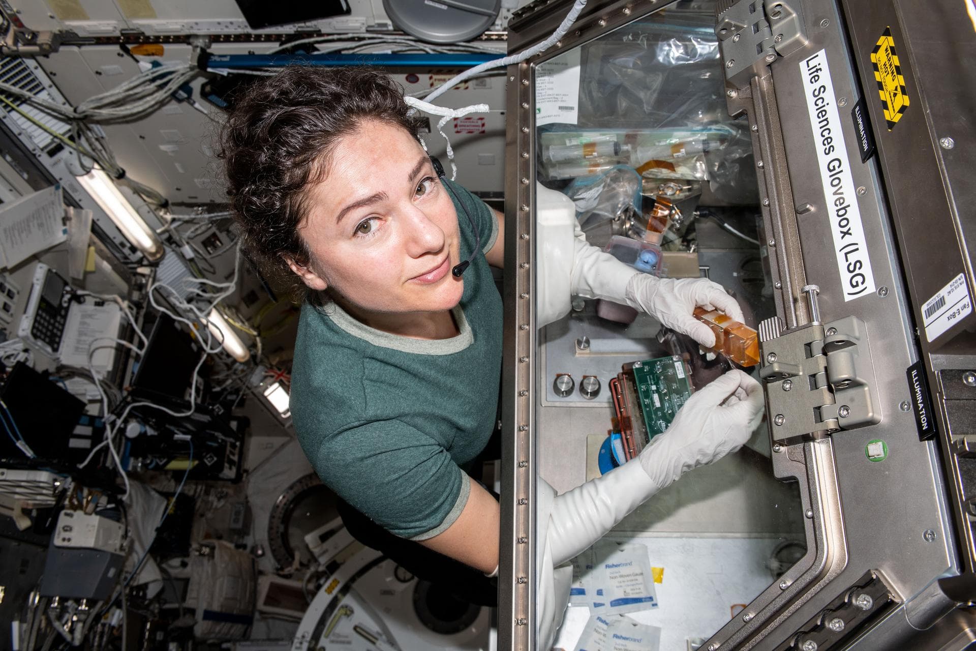iss062e120658 (April 2, 2020) --- NASA astronaut and Expedition 62 Flight Engineer conducts cardiac research in the Life Sciences Glovebox located in the Japanese Kibo laboratory module. The Engineere