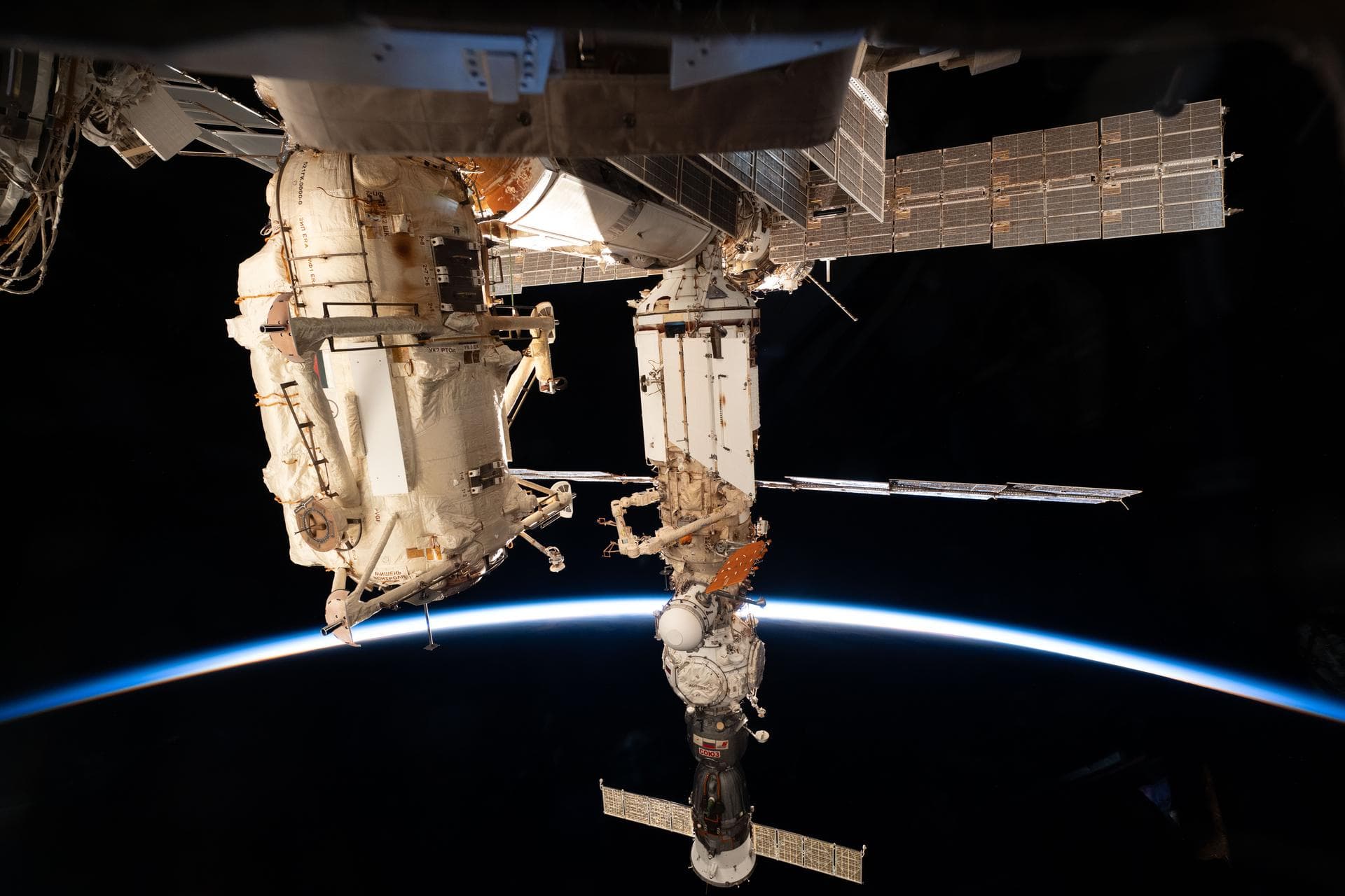 iss075e0155884 (Sept. 26, 2026) --- The International Space Station soars into an orbital sunset 258 miles above the Indian Ocean. In the foreground are the Rassvet module (left) and the Soyuz MS‑29 c