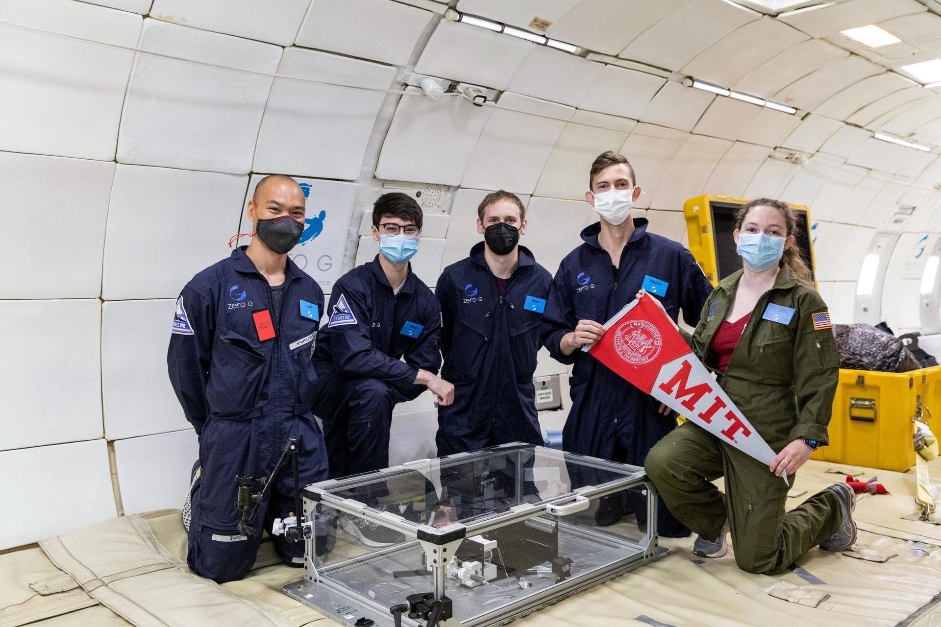 jsc2022e083565 (5/20/2022) --- The MIT Space Exploration Initiative team prior to an Extrusion payload flight test on a parabolic flight in May 2021. Left to Right: Che-Wei Wang, Aiden Padilla, Sean A