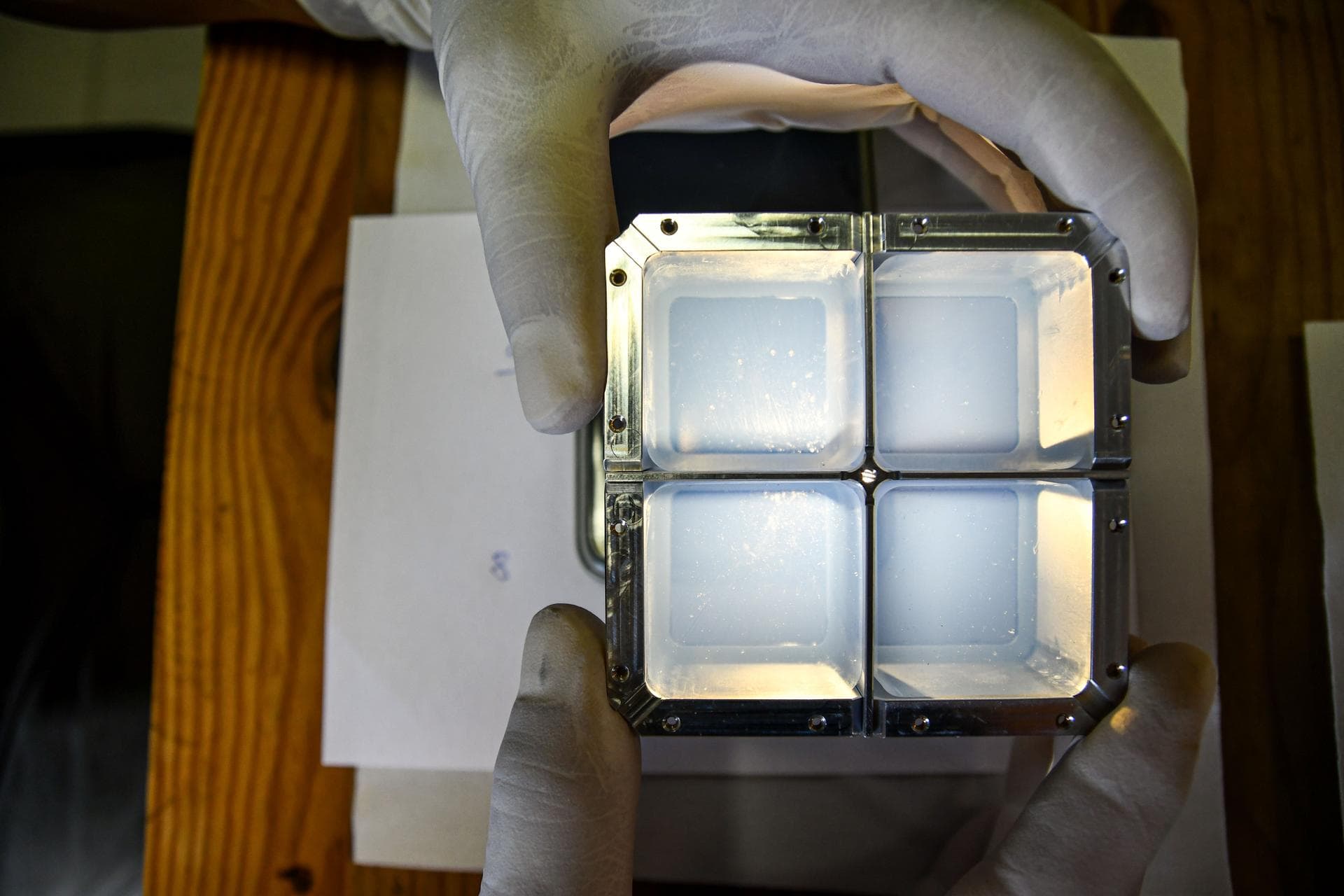 jsc2024e065152 (5/16/2024) --- Aerogel is one of the many samples and sensors that are included in the panel of the Space Experiment Study on Ageing of MatErial (SESAME) experiment, part of the Euro M