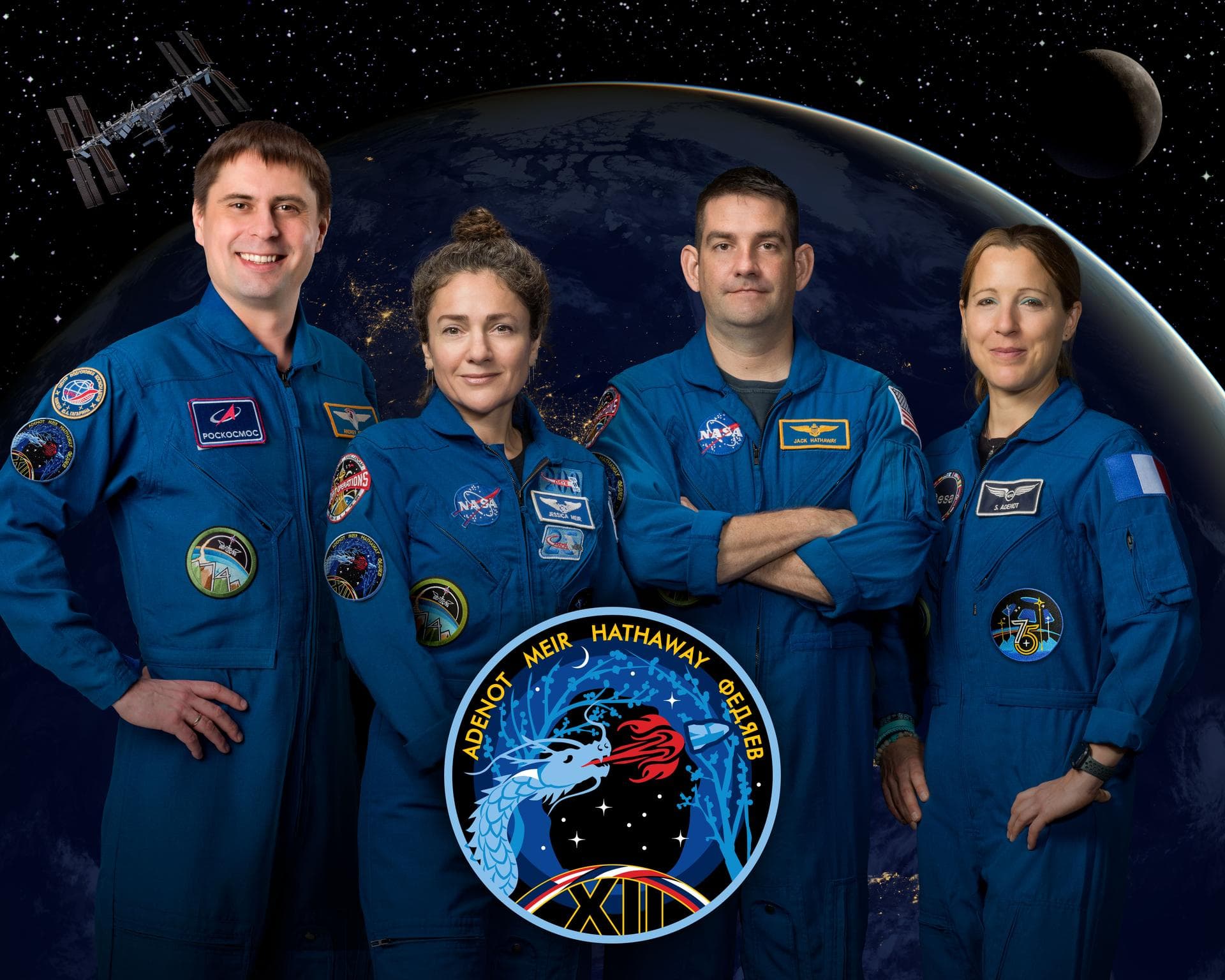 jsc2026e004045 (Oct. 17, 2025) --- The four members of NASA's SpaceX Crew-12 mission to the International Space Station pose together for an official crew portrait. From left are, Roscosmos cosmonaut