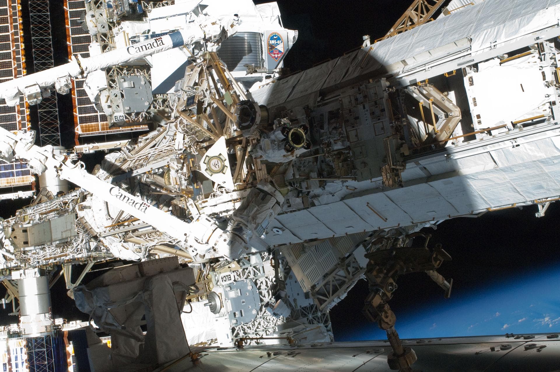 S134-E-009255 (19 May 2011) --- One of the STS-134 crew members recorded this high angle view of the starboard side truss segments on the International Space Station. The Alpha Magnetic Spectrometer (