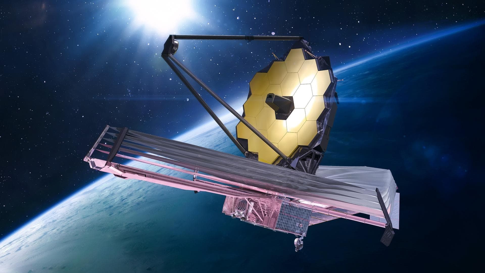 JWST in space near Earth. James Webb telescope far galaxies and planets explore. Sci-fi space collage. Astronomy science. Elements of this image furnished by NASA (url: https://www.nasa.gov/sites/defa