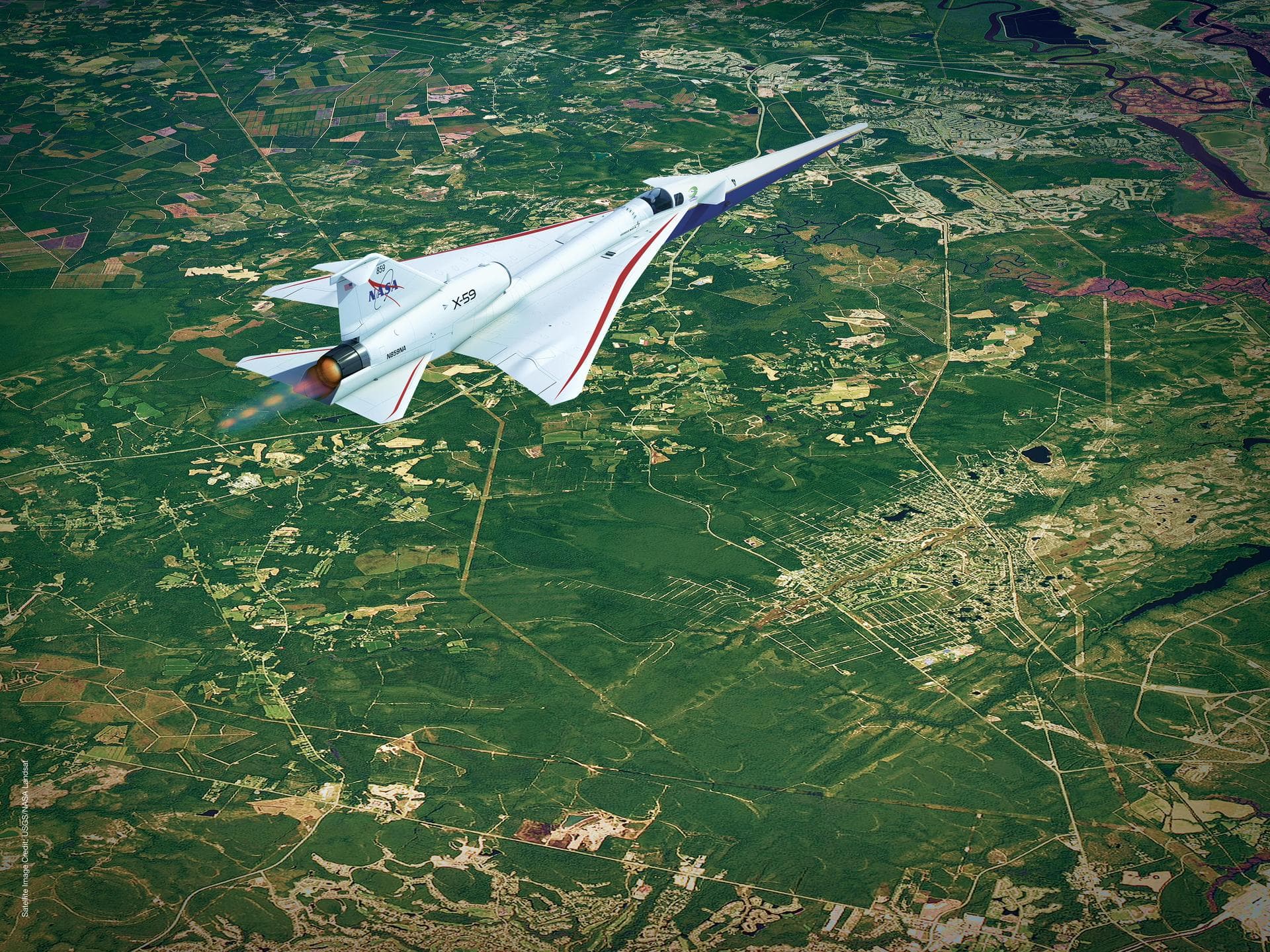 Artist illustration of the X-59 in flight over land (with cities and rural areas below). Satellite image from USGS/NASA Landsat.
